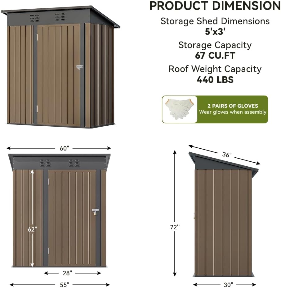COMHOMA Shed Outdoor Storage Shed Metal,Lockable Doors Tool Sheds with Sloping Roof,Steel Garden Shed with Air Vent for Backyard,Patio,Lawn,Poolside(Brown,5'*3')