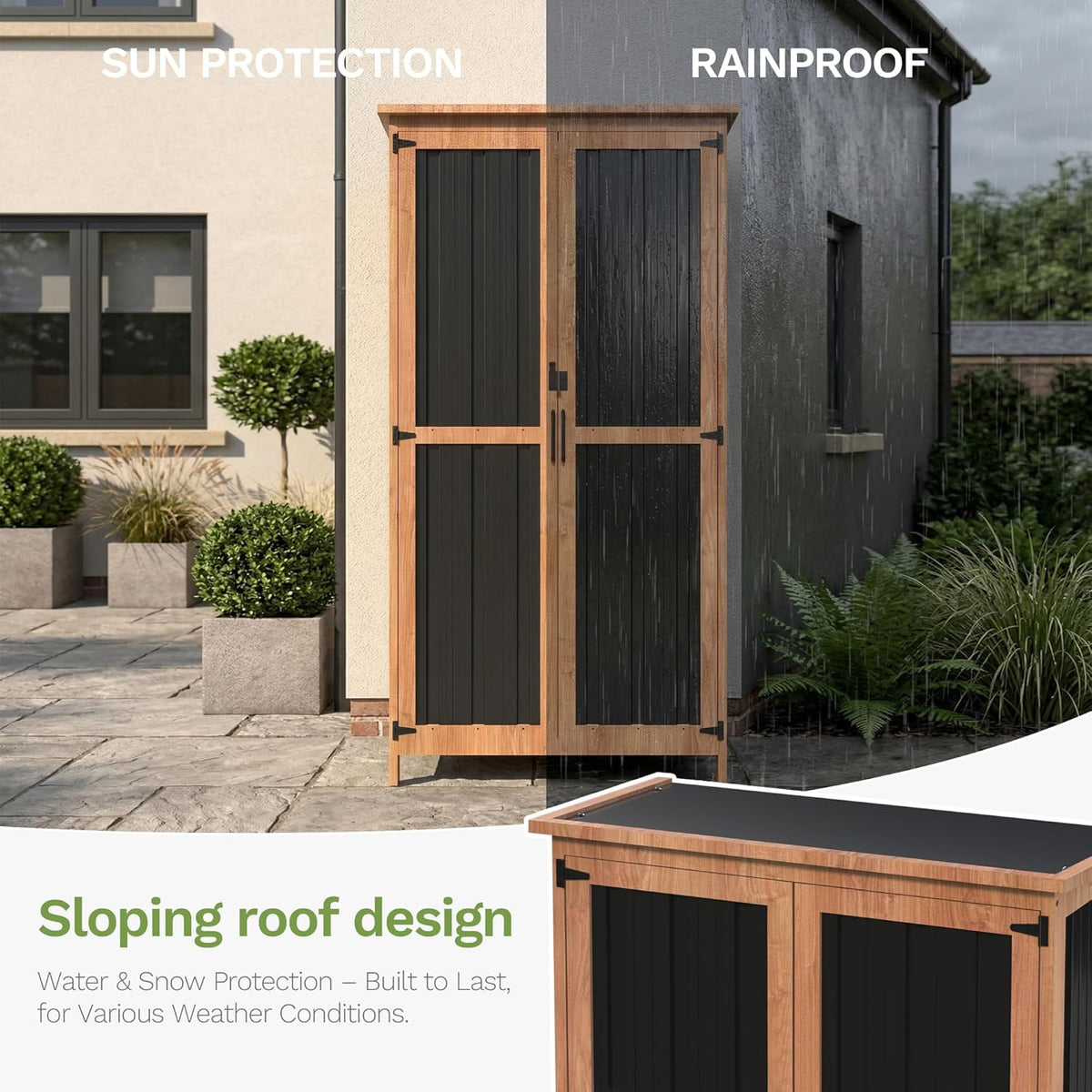 Greesum Outdoor Storage Cabinet with 3 Adjustable Shelves, Wood & Metal Garden Storage with Lockable Doors, Tall Weatherproof Shed for Tools, Lawn Equipment, Pool Accessories, Black