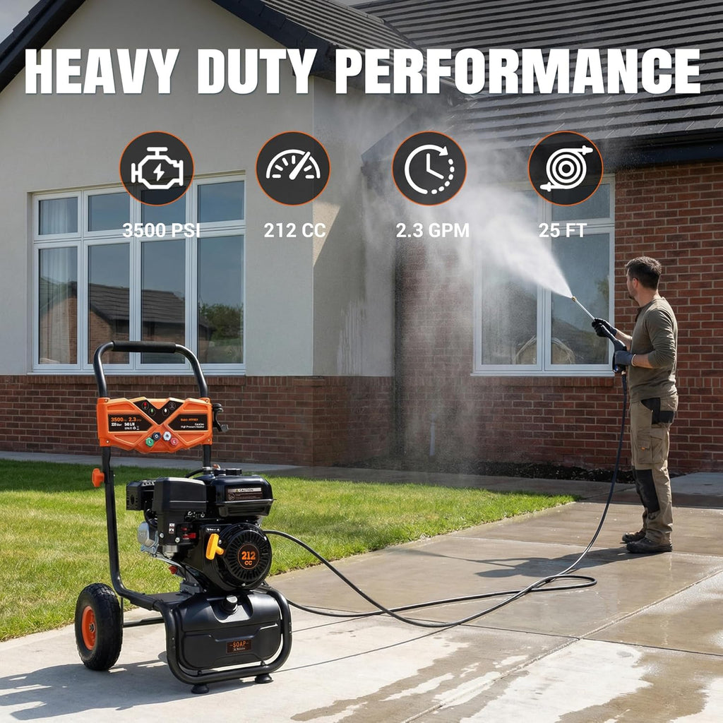 Gas Powered Pressure Washer 3500 PSI - 2.3 GPM Heavy Duty High Power Washer,212CC 7HP Engine with 25Ft Pressure Hose, Axial Aluminum Pump, Soap Tank, 4 Quick Connect Nozzle (Coral)