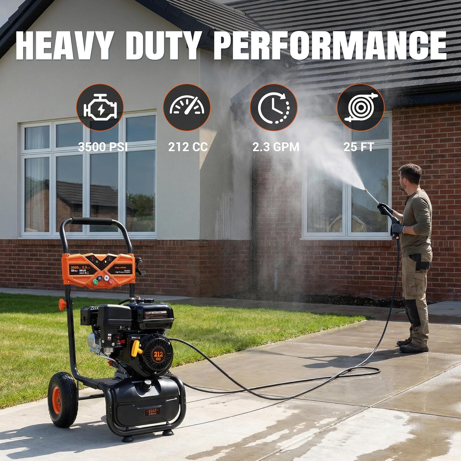 Gas Powered Pressure Washer 3500 PSI - 2.3 GPM Heavy Duty High Power Washer,212CC 7HP Engine with 25Ft Pressure Hose, Axial Aluminum Pump, Soap Tank, 4 Quick Connect Nozzle (Coral)