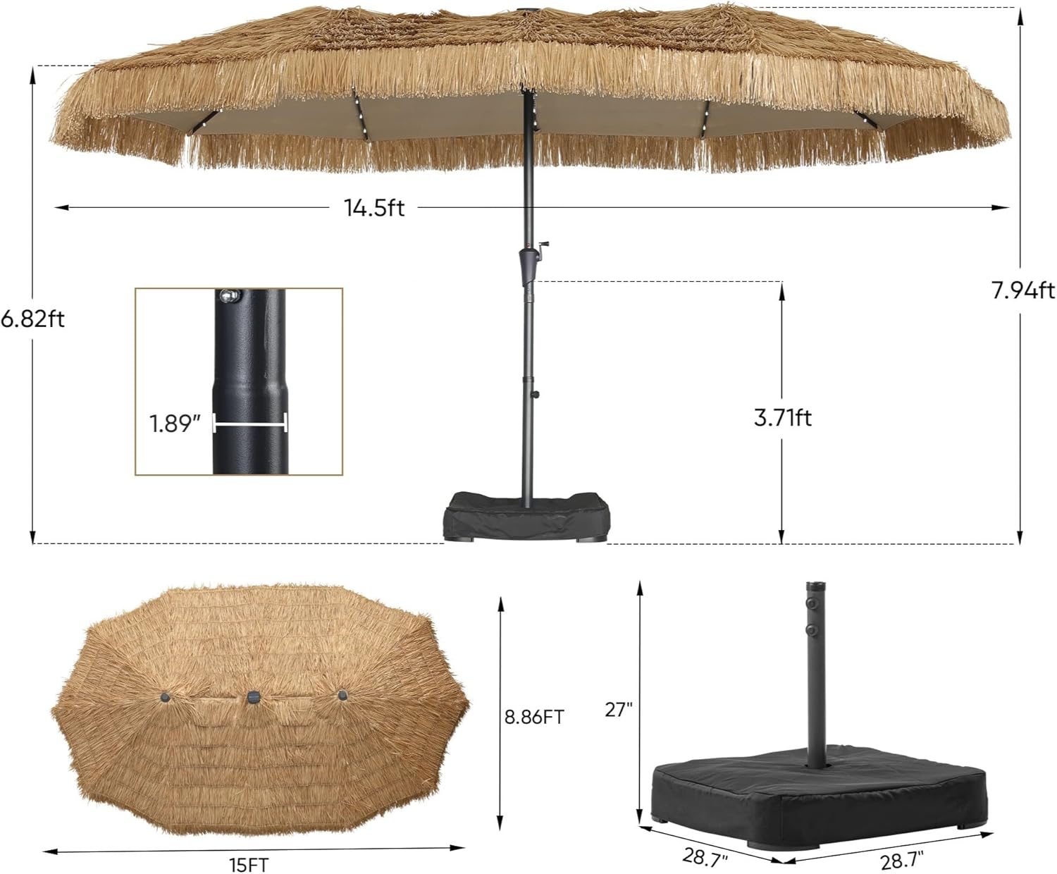 15 ft Patio Tiki Umbrella with 48 LED Lights, Large Rectangle Outdoor Solar Umbrella with Matching Base for Market, Beach, Garden, Yard