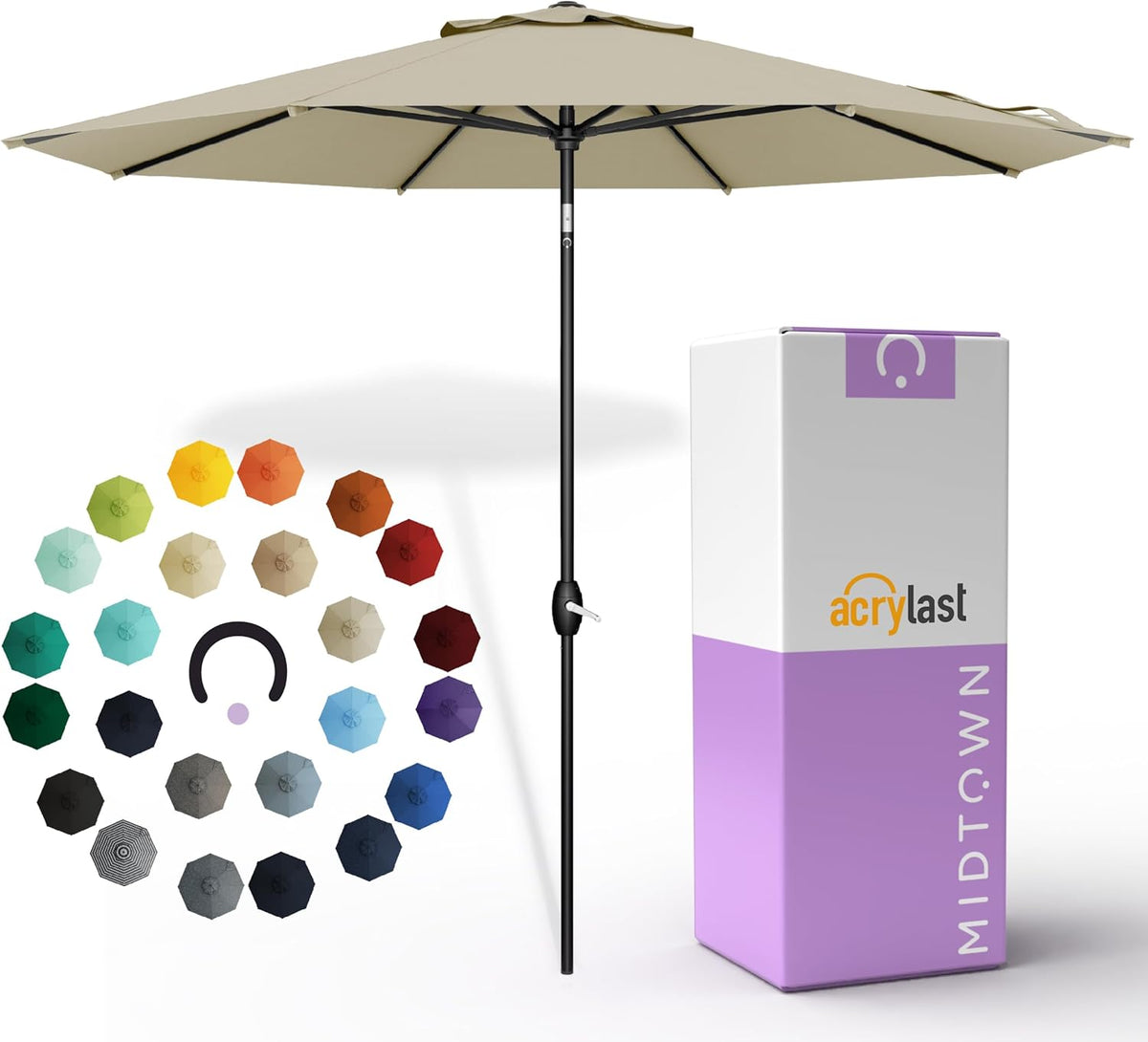 Midtown Umbrellas – The Lean 9 Ft Patio Umbrella with 10-Year-No-Fade Acrylast Acrylic Fabric, Auto-Tilt and 8 Reinforced Ribs for Deck, Pool, Garden, Hotel & Cafes – Sahara Canopy, Black Pole