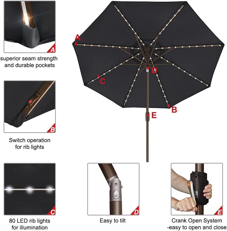 EliteShade USA 10-Year-Non-Fading 9ft Market Patio Umbrella, Commercial Grade Table Sun Umbrella with 80 Solar LED Lights, Crank Open, Windproof & UPF 50+ UV Protection for Garden, Deck, Pool, Backyard, Black