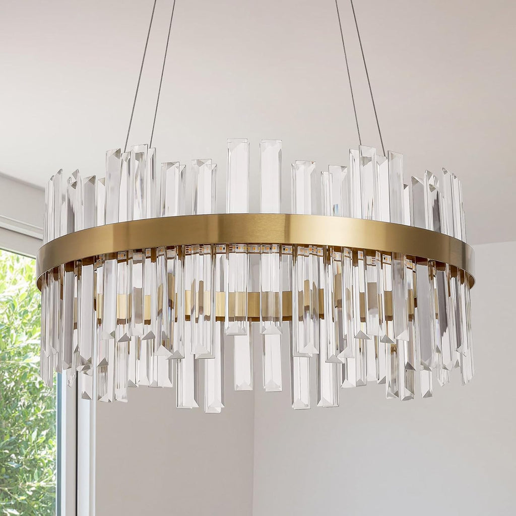 19.7'' Dimmable Modern LED Crystal Chandeliers,Gold Chandelier Light Fixture, 3 Colors Contemporary Pendant Ceiling Light for Dining Room Living Room Kitchen Island Entryway Foyer ,With Remote Control