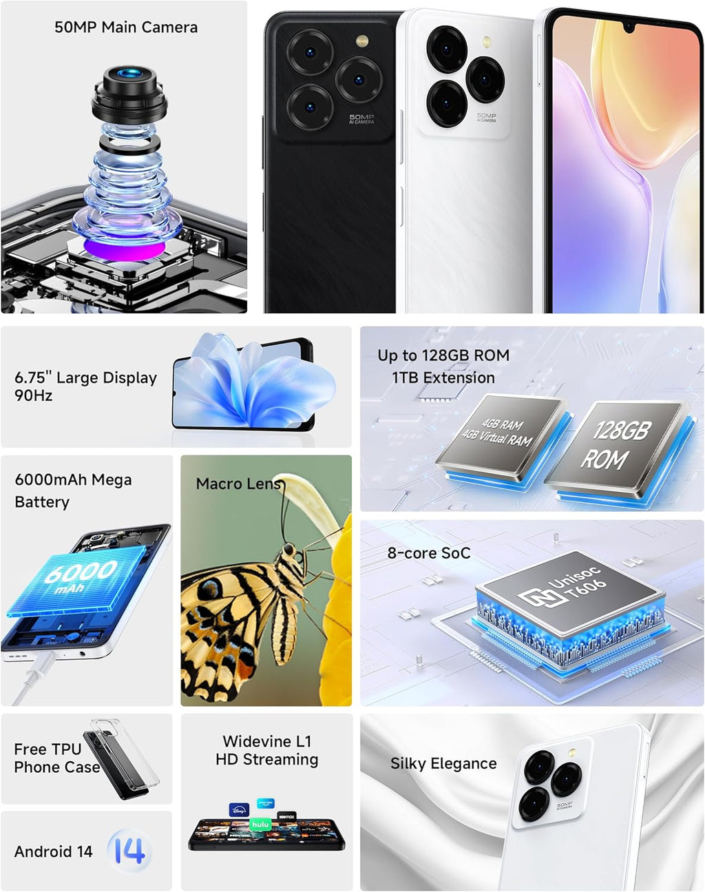 Ulefone Note 20 Pro Phone Unlocked, 8GB+128GB, 8-Core, 6.75" 90Hz Display, Android 14, 50MP AI Camera, 6000mAh Battery, Dual 4G LTE, Fingerprint/Face Unlocked Smartphone, Widevine L1, GPS, White