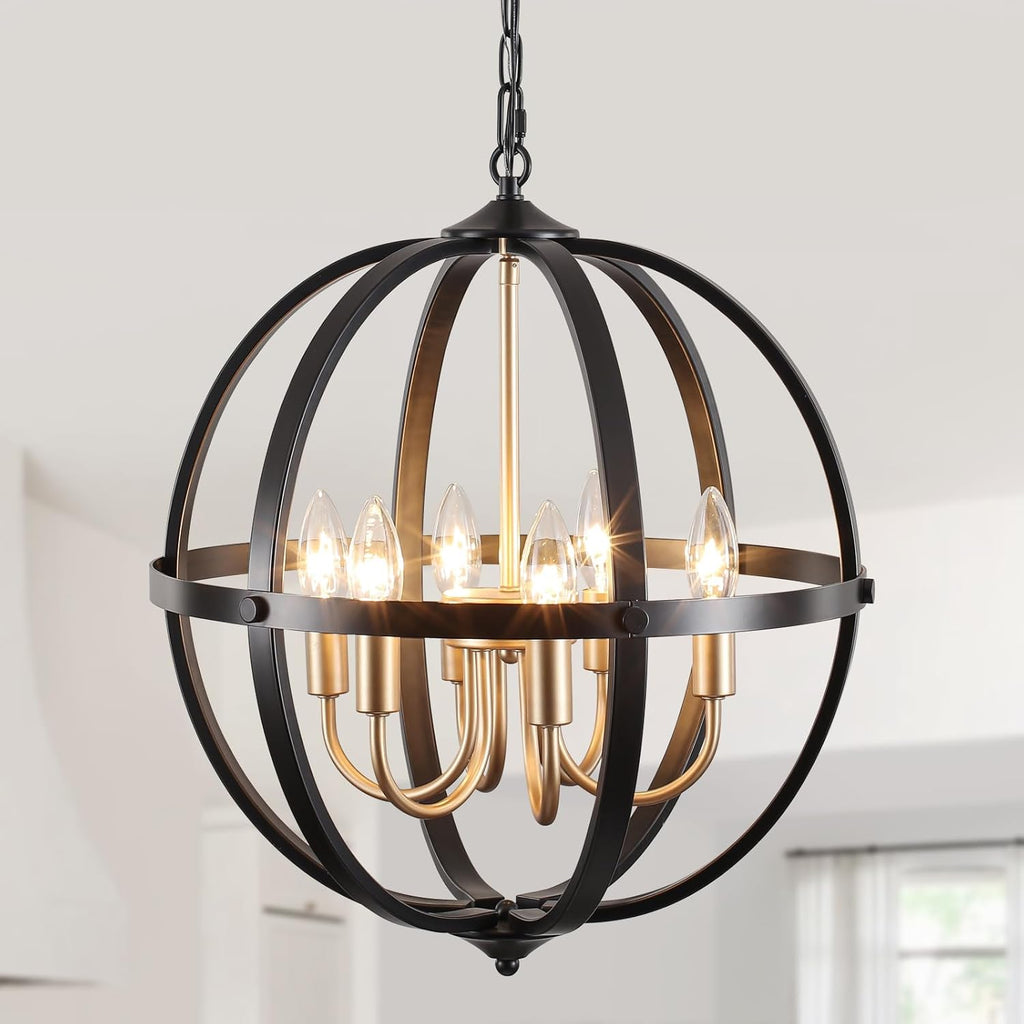 17.12'' Black and Gold Chandelier for Dining Room, 6-Light Modern Farmhouse Globe Chandelier, Metal Industrial Orb Pendant Light Adjustable Entryway Light Fixture for Kitchen Island Foyer