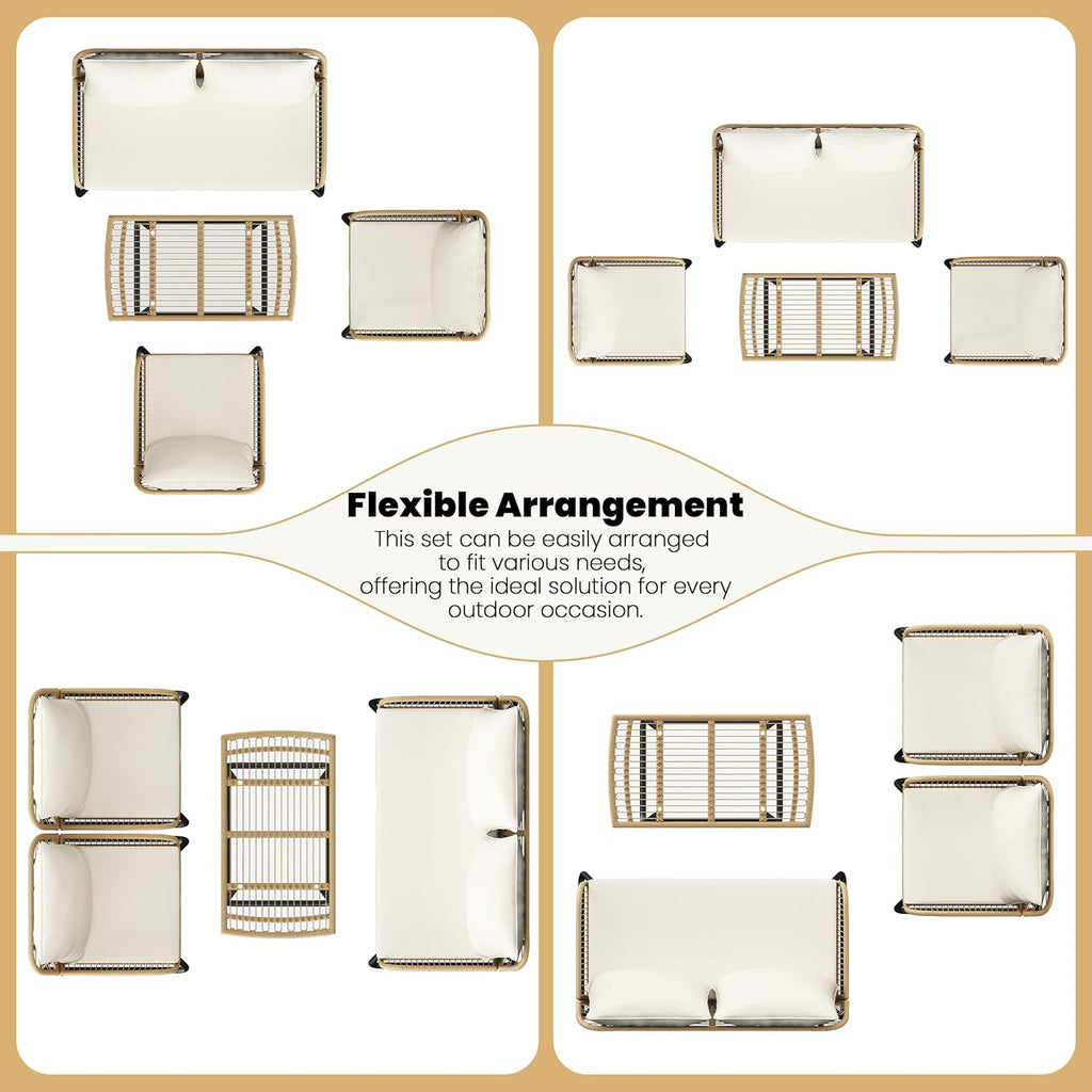 Yaheetech 4 Piece Patio Furniture Set, Outdoor Wicker Conversation Sets, Boho Loveseat & 2 Armchairs with Cushion and Pillow, Glass Top Table for Backyard, Porch, Balcony, Deck - Tan/Cream