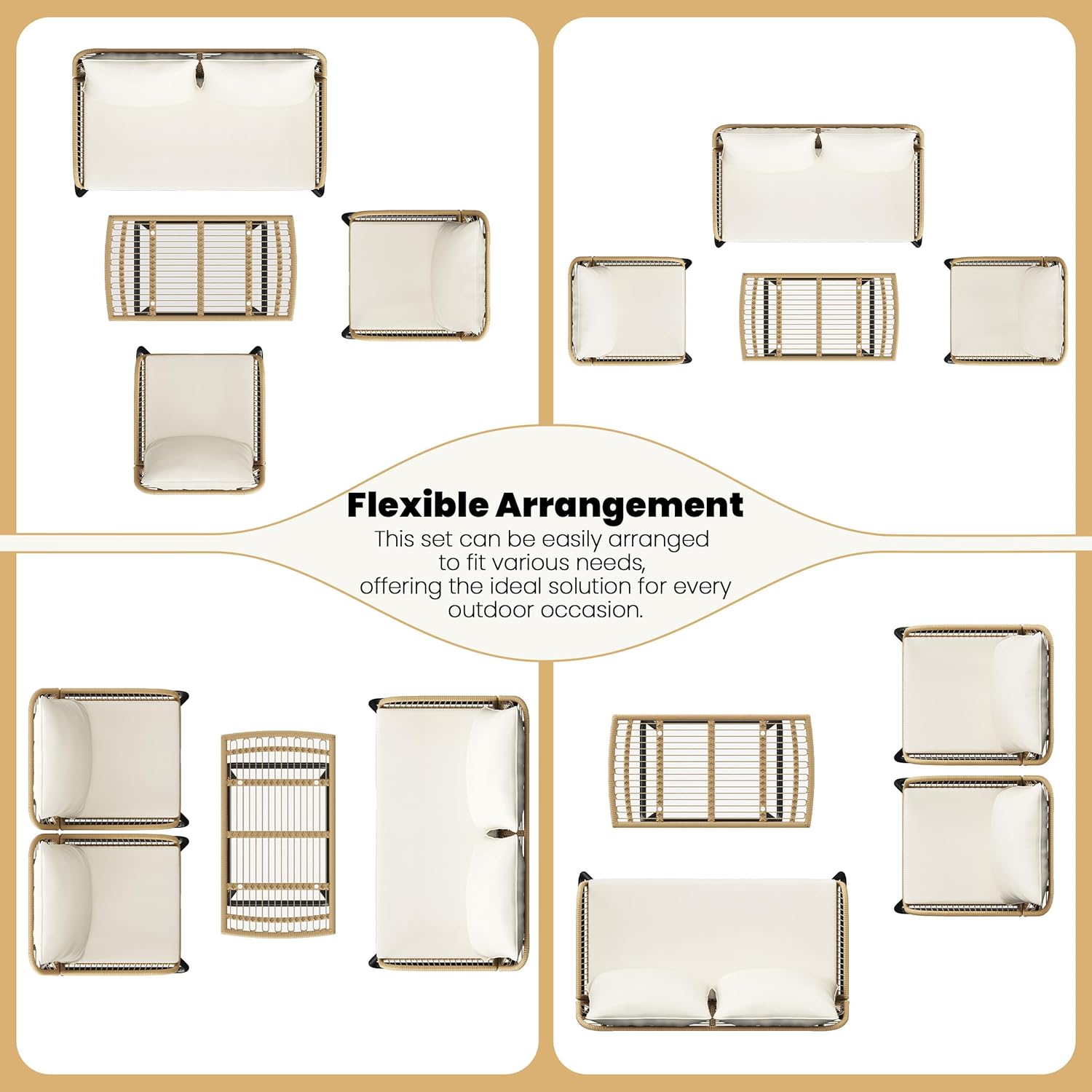 Yaheetech 4 Piece Patio Furniture Set, Outdoor Wicker Conversation Sets, Boho Loveseat & 2 Armchairs with Cushion and Pillow, Glass Top Table for Backyard, Porch, Balcony, Deck - Tan/Cream
