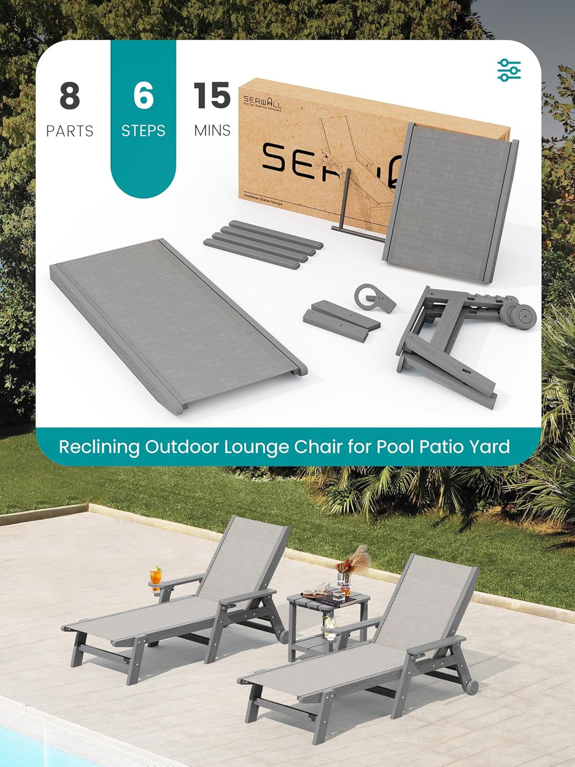 SERWALL Textilene Patio Chaise Lounge Chair, 5 Positions Adjustable Outdoor Lounger with Rolling Wheels for Pool, Deck, Gray
