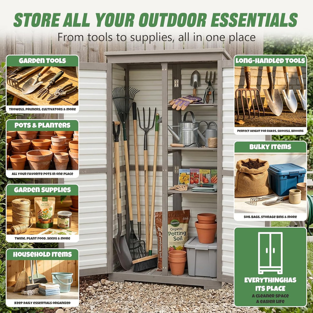 Outdoor Storage Cabinet – Store More in Less Space, Tall Vertical Garden Tool Organizer with 4 Shelves & Long Handle Storage, Weather-Resistant Patio Cabinet for Backyard, Garden, Side Yard