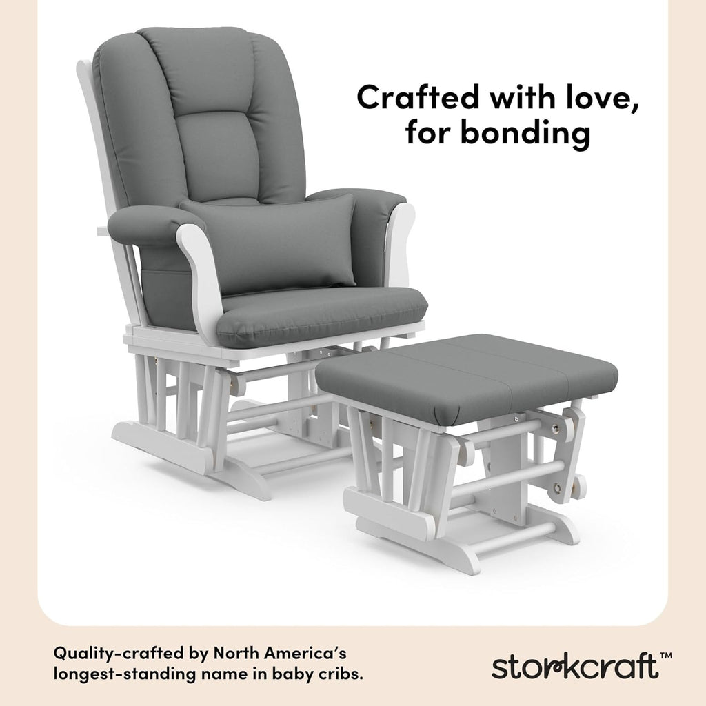Storkcraft Tuscany Custom Glider and Ottoman with Free Lumbar Pillow (White/Grey) - Cleanable Upholstered Comfort Rocking Nursery Chair with Ottoman