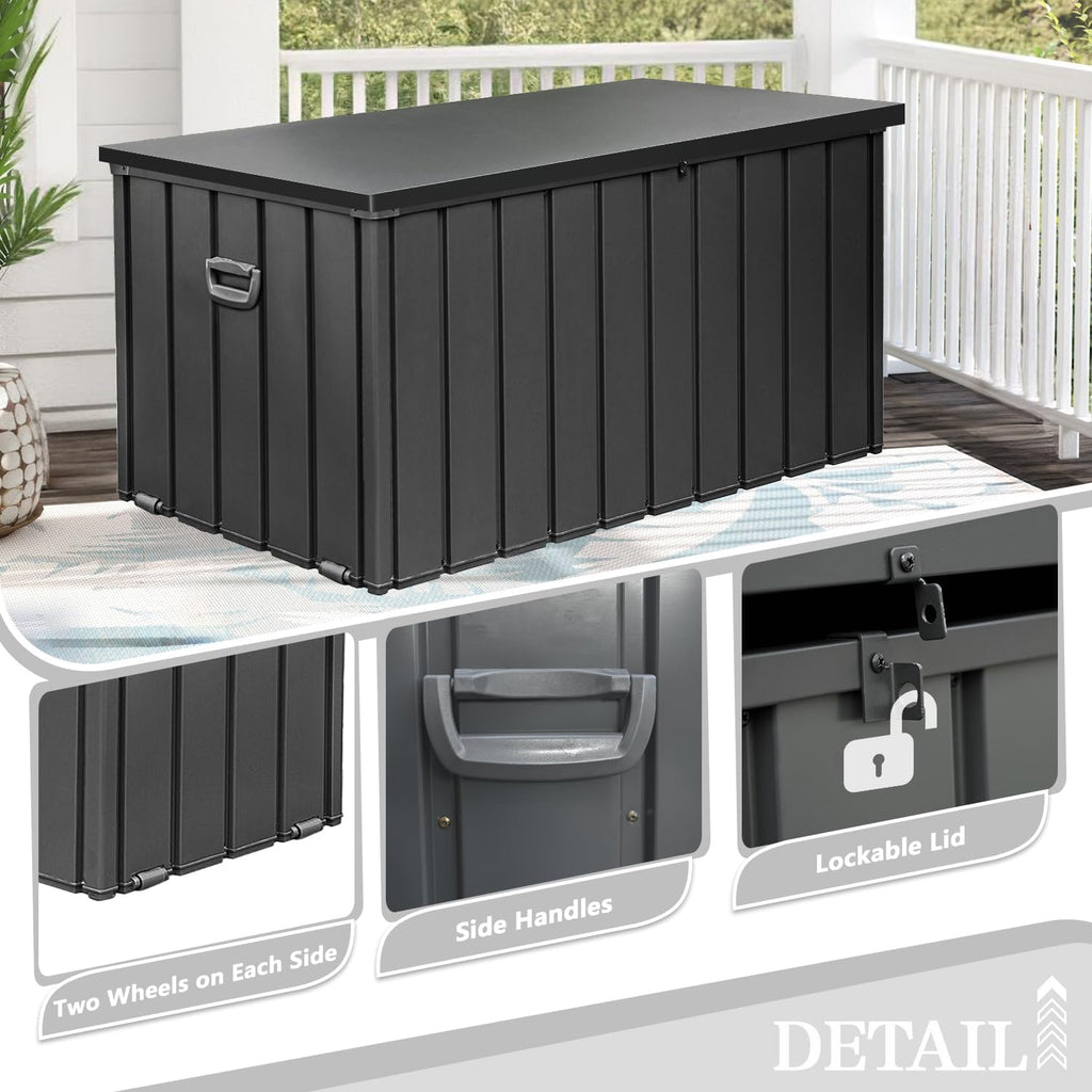 Dom 200 Gallon Deck Box, Metal Outdoor Storage Box with Lock Wheels Side Handles, Waterproof Outside Storage Box for Patio Cushions, Shoes