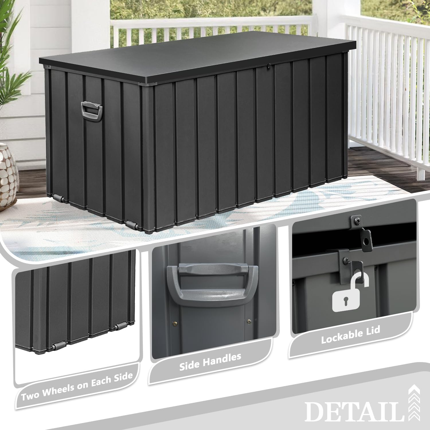 Dom 200 Gallon Deck Box, Metal Outdoor Storage Box with Lock Wheels Side Handles, Waterproof Outside Storage Box for Patio Cushions, Shoes