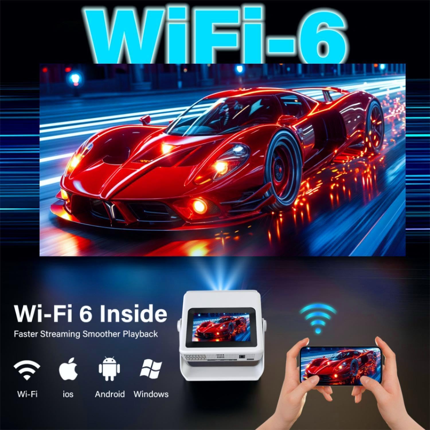 4K Support Native 1080P Touch Screen Projector with WiFi Bluetooth, Auto Focus Smart Portable Game Projector, Built-in Apps Mini Outdoor Movie Projector for Bedroom Home Theater