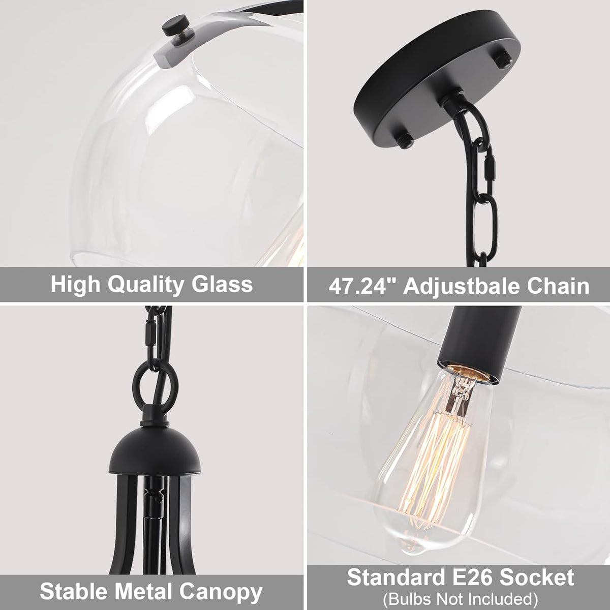 1-Lights Modern Pendant Lights Kitchen Island, Matte Black Pendant Light Fixtures with 11.8" Clear Glass Shade, Industrial Hanging Chandelier for Kitchen Entryway Bedroom Foyer