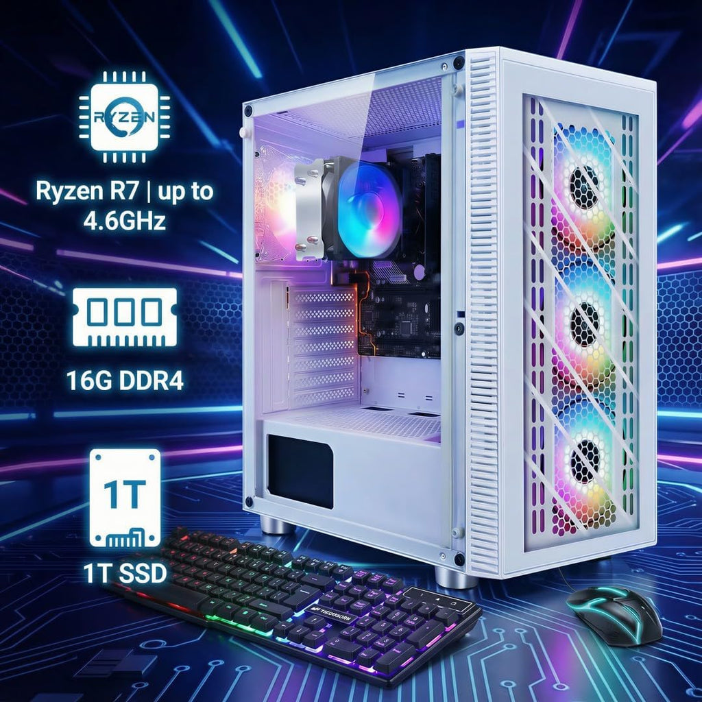 STGAubron RGB PC Computer Desktop, AMD Ryzen 7 5700G up to 4.6G, 16GB DDR4, 1TB SSD, WiFi 6 & BT 5.2, RGB Fan x4, RGB Keyboard & Mouse, Windows 11 Home