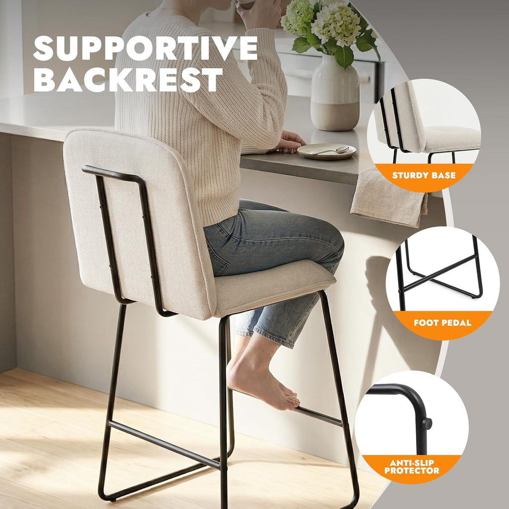 Bar Stools Set of 3, 26" Counter Height Bar Stools with Back, Modern Linen Fabric Upholstered Barstools with Metal Frame & Footrest for Kitchen Island, Home Bar,Beige