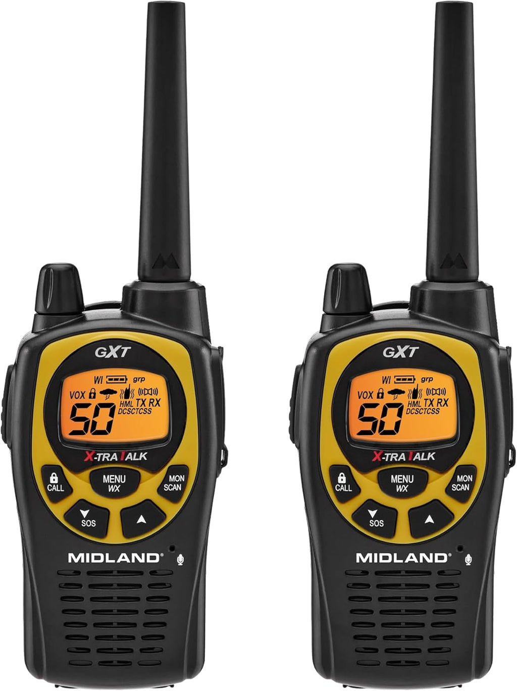 Midland GXT1030VP4 GMRS Two-Way Radio (50-Channel, Long Range, 142 Privacy Codes, SOS, NOAA, Rechargeable Nickel Battery, Black/Yellow, 2-Pack)