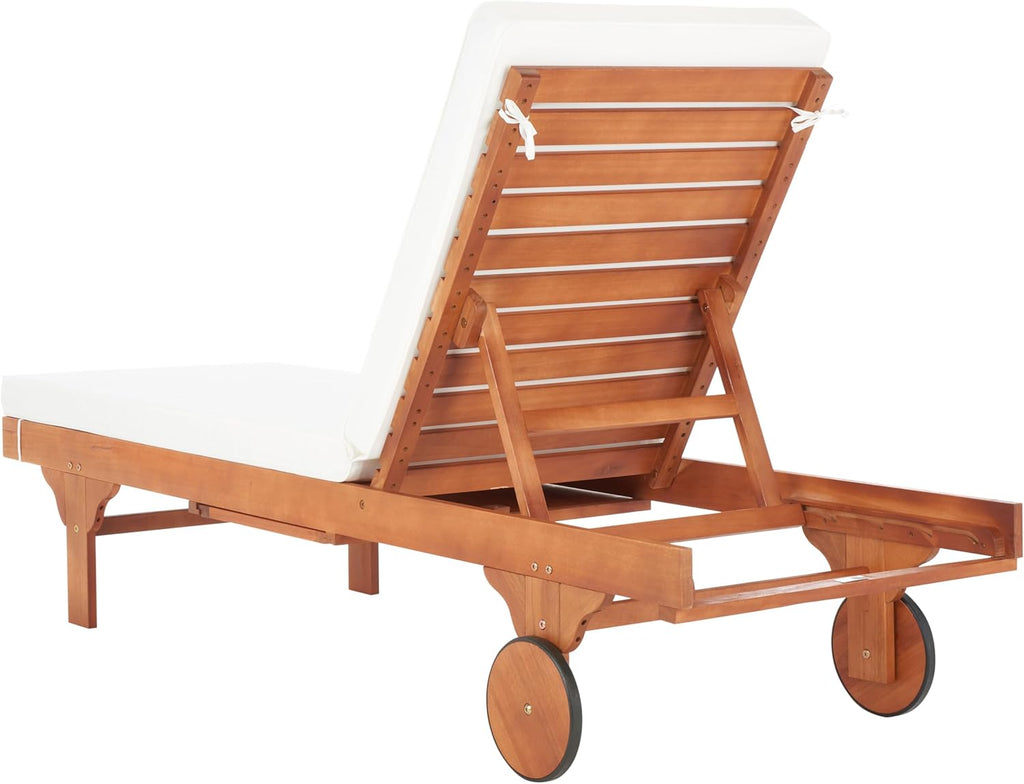 SAFAVIEH Outdoor Collection Newport Natural/ Beige Cushion Built-in Side Table Adjustable Chaise Lounge Chair
