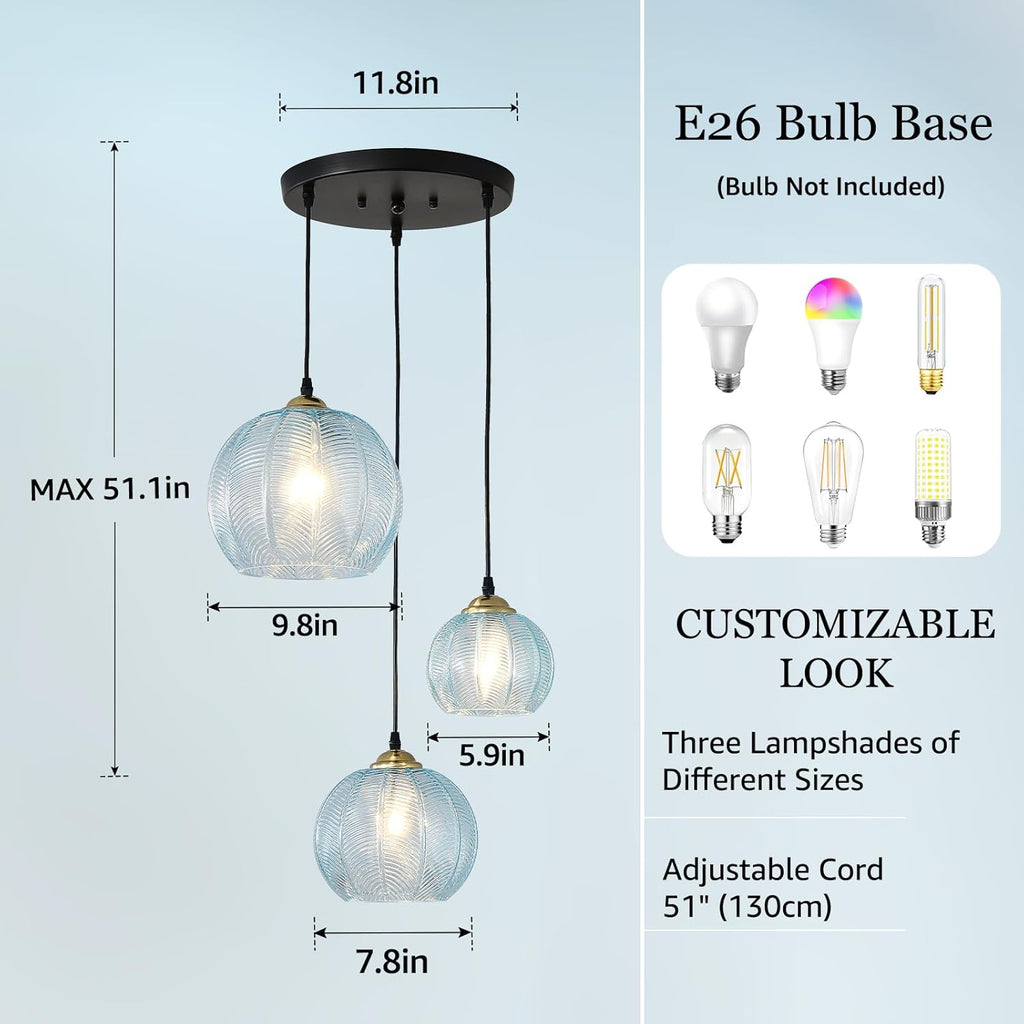 3-Light Blue Cluster Glass Pendant Light, Hanging Chandelier with Globe Shade, Glass Ball Pendant Light Fixtures for Kitchen Island, Dining Room, Living Room, Bedroom