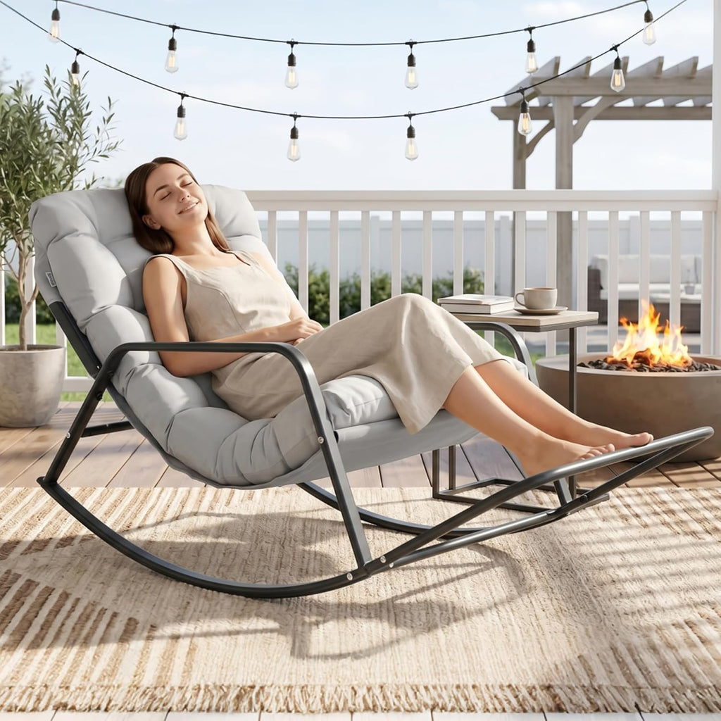 NICESOUL Papasan Rocking Chair with Footrest, Outdoor Rocking Chair with Cushion, Oversized Patio Rocker, Modern Lounge Comfort, Heavy Duty Steel Frame, Indoor Porch Garden, Grey