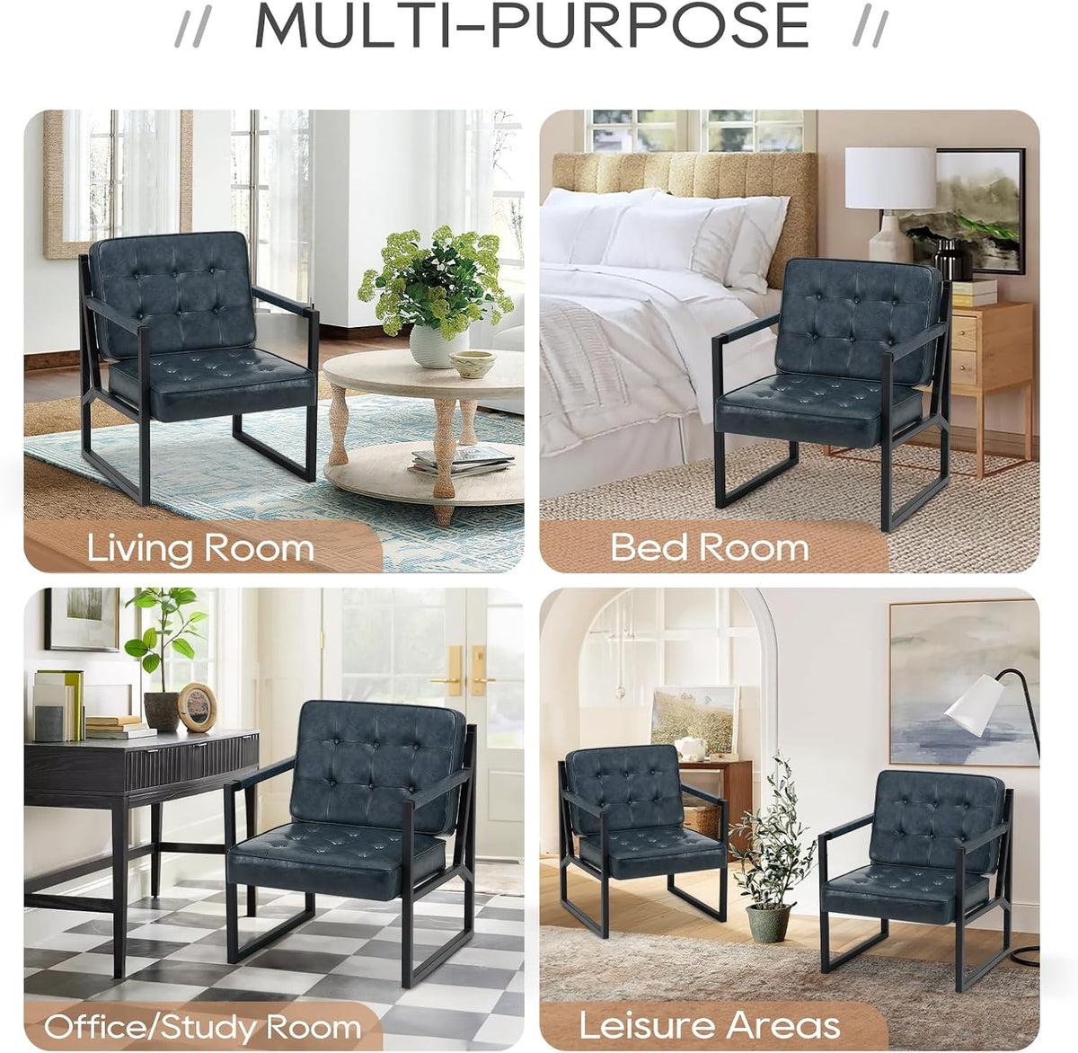 COLAMY Accent Chairs Set of 2, Modern Accent Arm Chairs for Living Room, Comfy Leather Armchairs with Metal Legs for Bedroom Reception Room, Blue