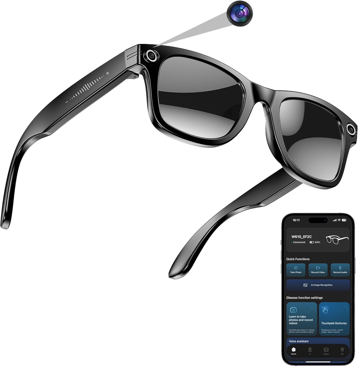 AI Smart Camera Glasses for Men Women, 4K Photography,1080P HD Video Recording,Real-Time Translation, Open-Ear Audio,Voice Assistant, Lightweight (Black Frame-Black Lens)