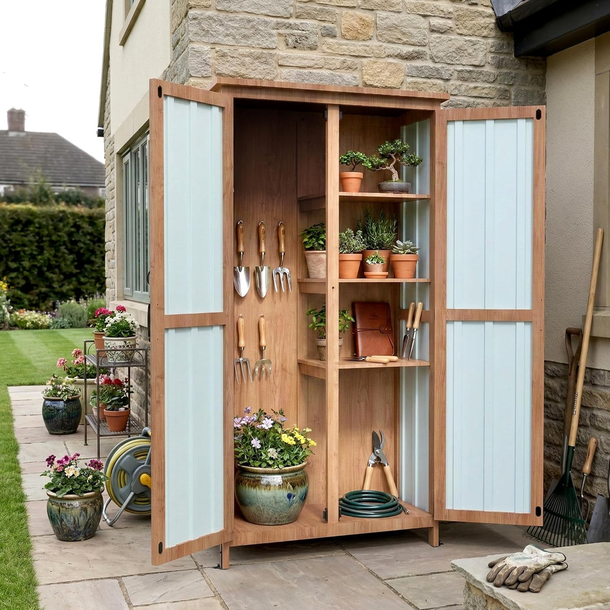 Greesum Outdoor Storage Cabinet with 3 Adjustable Shelves, Wood & Metal Garden Storage with Lockable Doors, Tall Weatherproof Shed for Tools, Lawn Equipment, Pool Accessories, Black