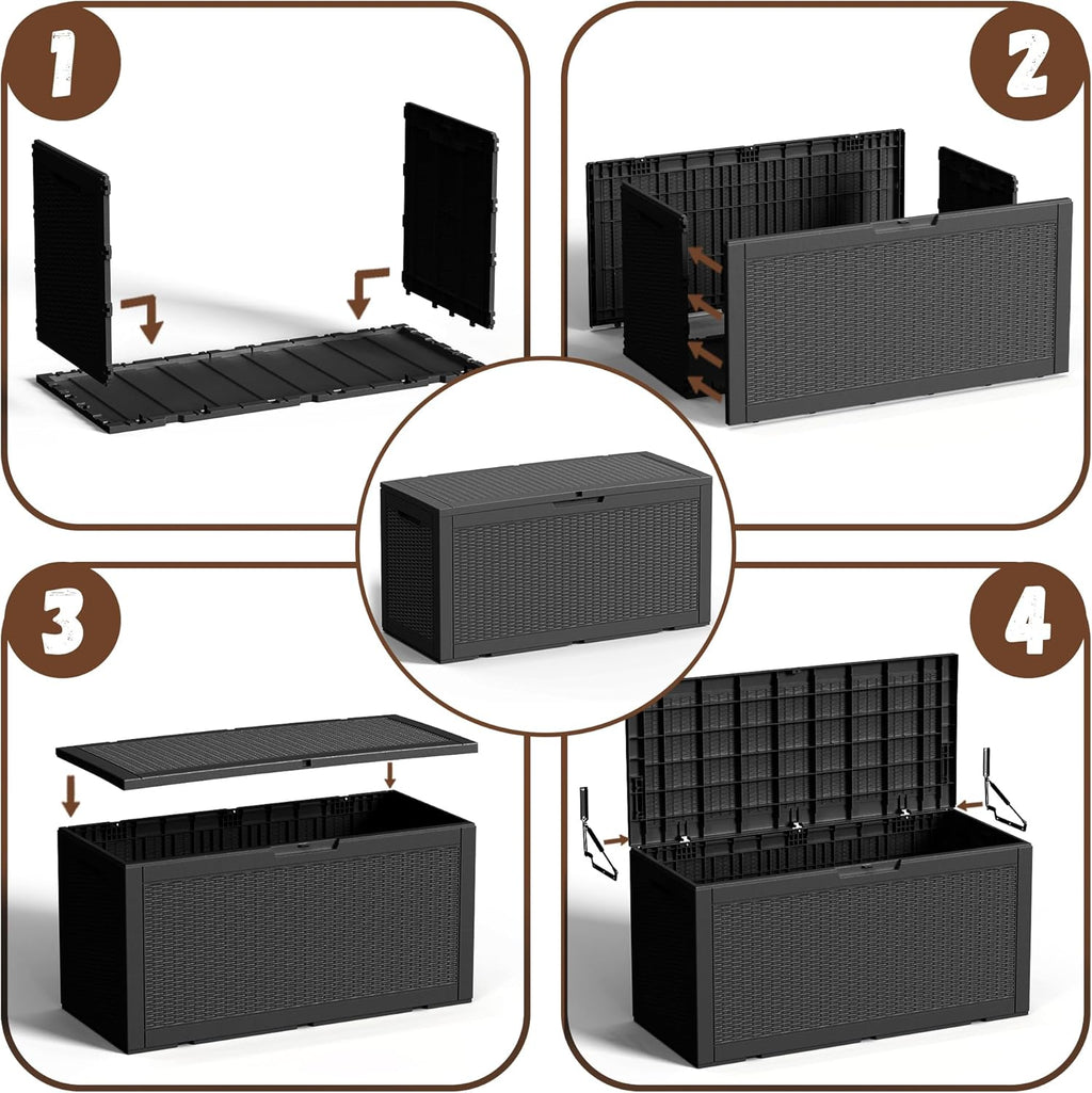 EFU Outdoor Storage Box 100 Gallon Deck Box Resin Outdoor Toy Storage With Lockable Lid, Hydraulic Struts, Rattan Style Package Delivery Boxes for Outside Patio Yard Garden (Black)