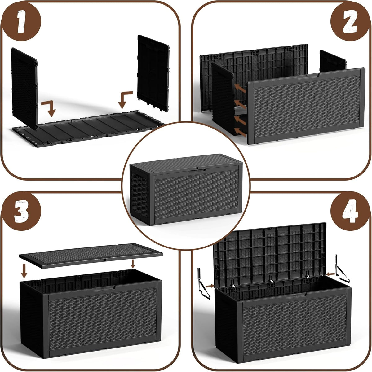 EFU Outdoor Storage Box 100 Gallon Deck Box Resin Outdoor Toy Storage With Lockable Lid, Hydraulic Struts, Rattan Style Package Delivery Boxes for Outside Patio Yard Garden (Black)