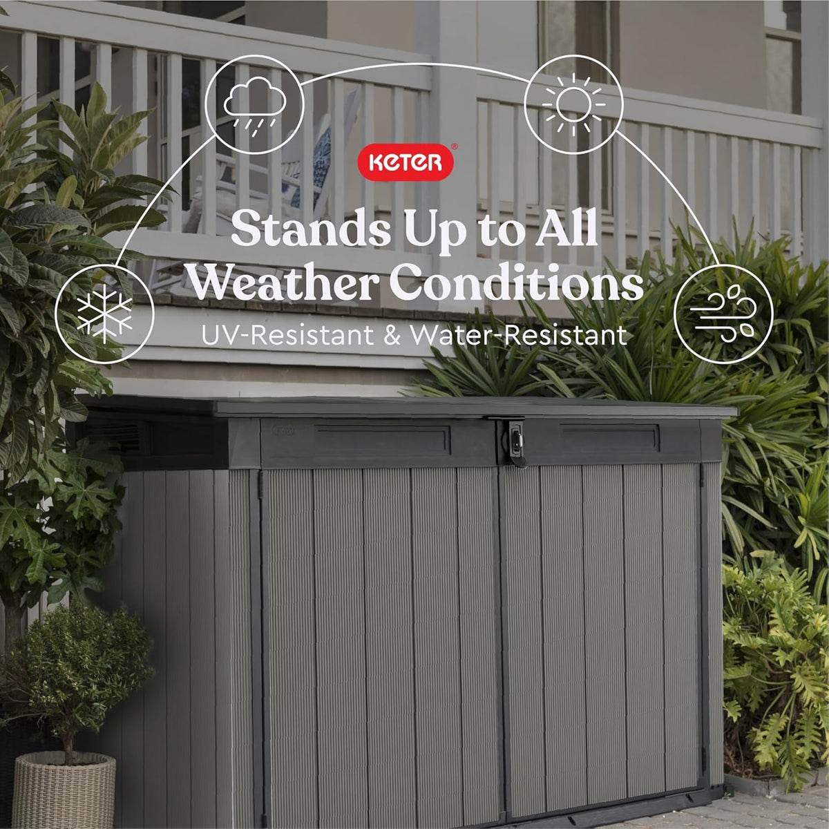 Keter Premier Jumbo 6.2 x 4.3 ft Outdoor Resin Horizontal Storage Shed for Garbage Bins, Yard Tools & Garden Equipment, All‑Weather, Lockable Outdoor Storage