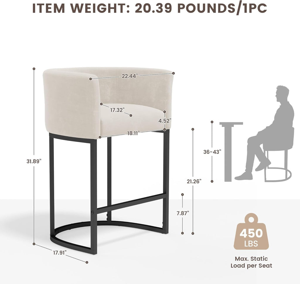 GRUSIGN Chenille Counter Height Bar Stools Set of 2, 26" Kitchen Island Stools with Arms & Footrest, Upholstered Barrel Back Bar Chairs for Kitchen . Dining Room, Bar & Lounge Area, 450 lbs, Off-White