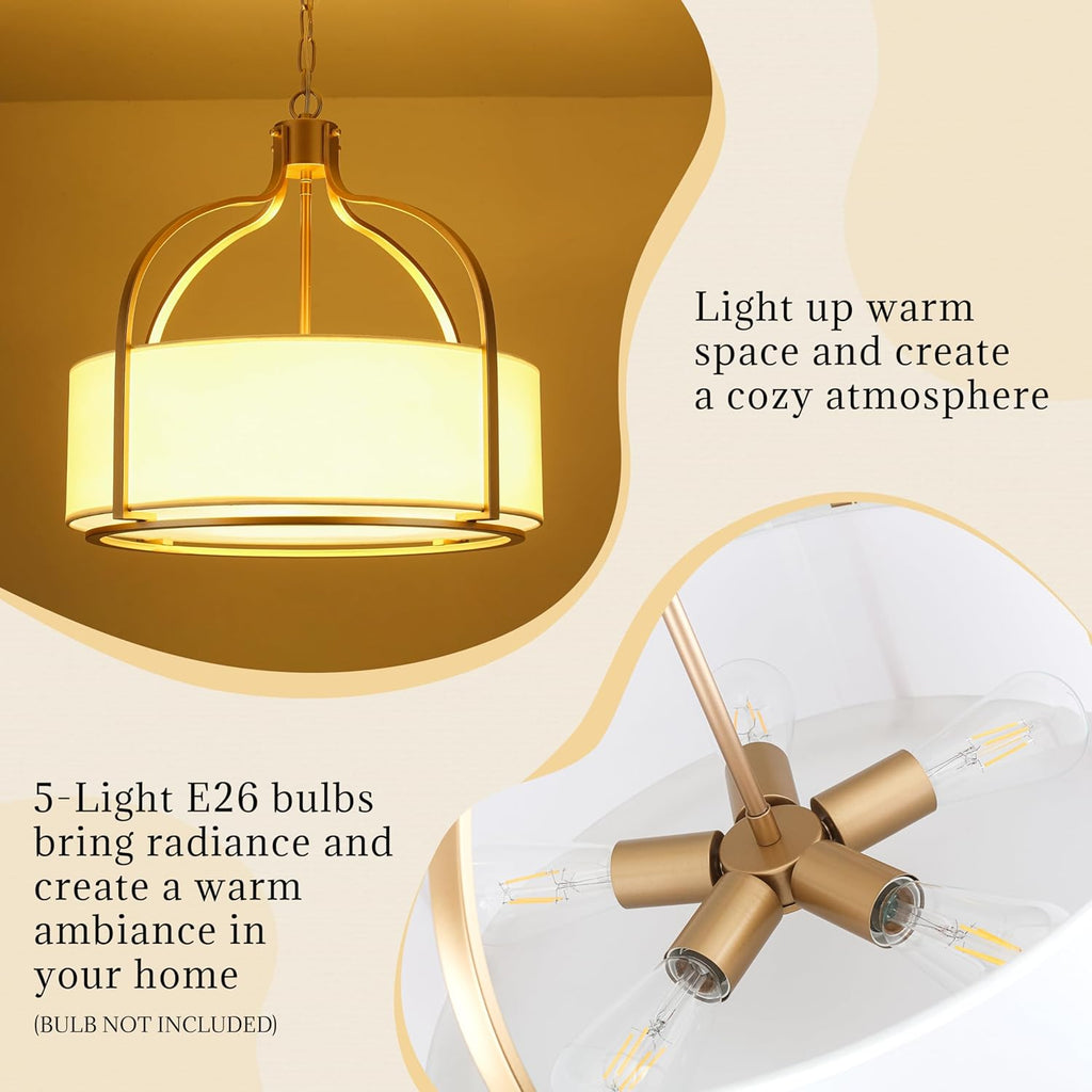 20.5'' Gold Drum Chandelier Light Fixture, 5-Light Large Modern Farmhouse Chandeliers for Dining Room Gold Drum Hanging Pendant Light with White Fabric Shade for Kitchen Living Room Foyer Bedroom
