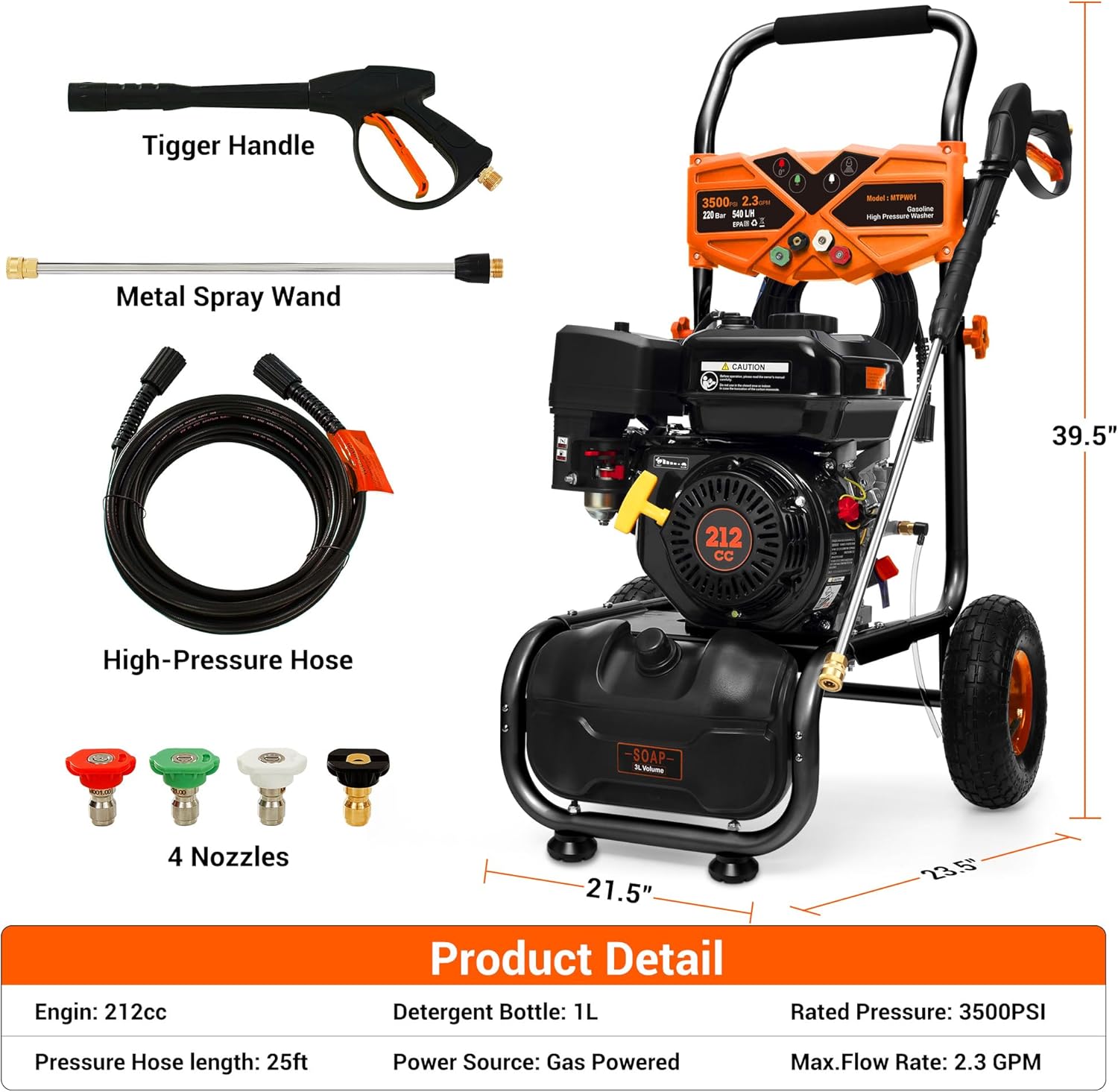 Gas Powered Pressure Washer 3500 PSI - 2.3 GPM Heavy Duty High Power Washer,212CC 7HP Engine with 25Ft Pressure Hose, Axial Aluminum Pump, Soap Tank, 4 Quick Connect Nozzle (Coral)