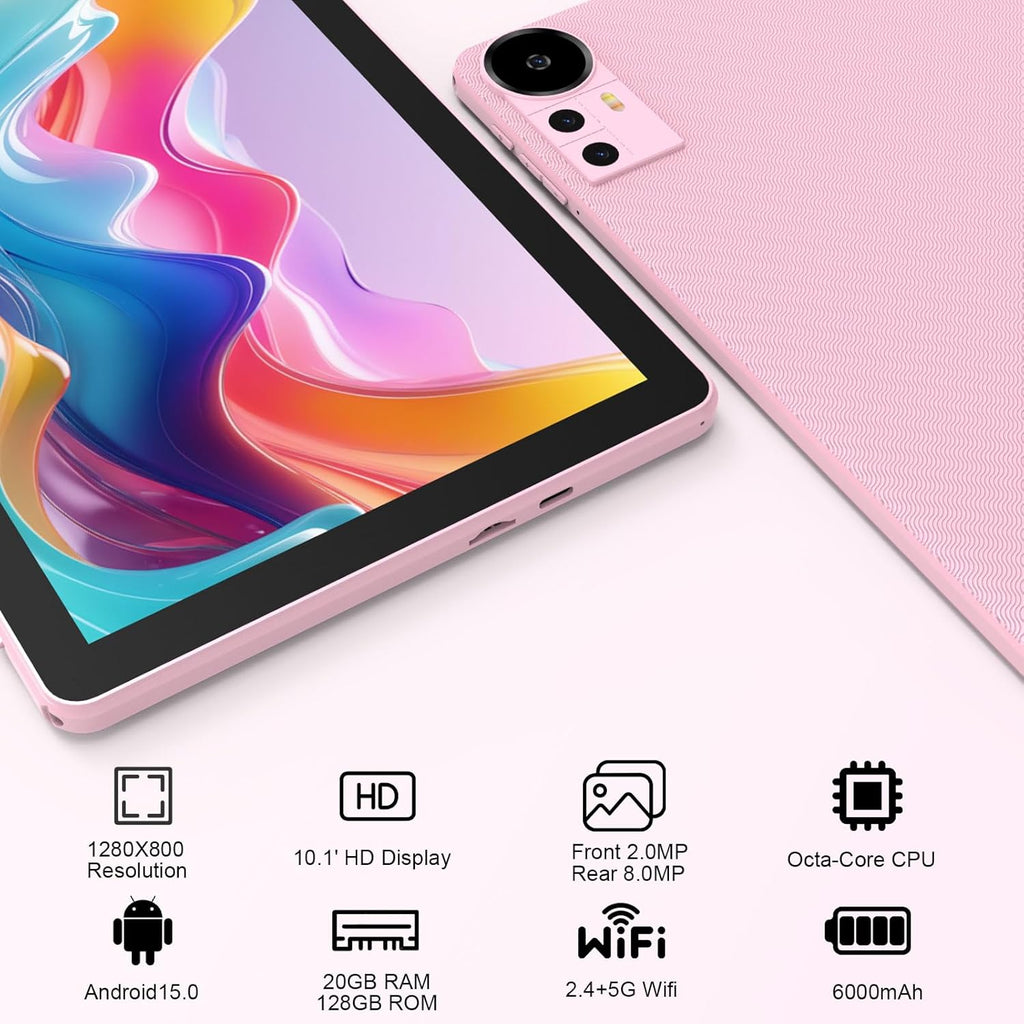 CUPEISI Android 15 Tablet 10 Inch, 20GB RAM+128GB ROM/ 2TB Expandable, 2.0GHz Quad-core Processor, 1280*800 HD Screen, 5G WiFi6 BT 5.0, 2 in 1 Tablets with Keyboard Case Mouse Stylus, Widevine L1 Pink