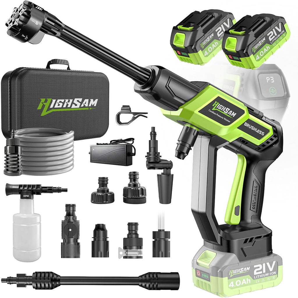 Cordless Portable Car Washer-Brushless Motor, 2X4000mAh Batteries & Fast Charger, 6-in-1 Nozzle, Extension Rod, 16.4FT Hose & Storage Case, Handheld Car Cleaning Tool for Car/Home/Patio & Garden