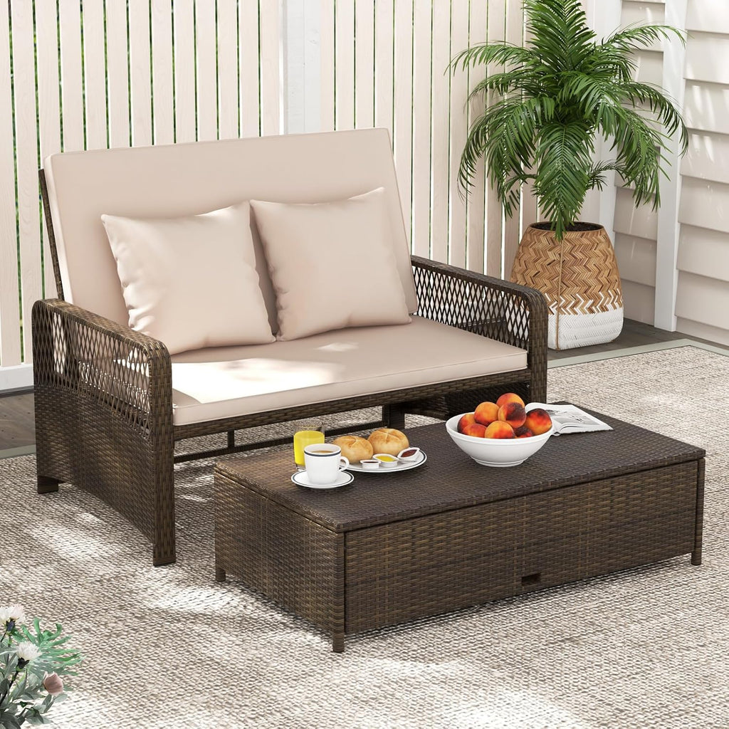 Tangkula Patio Rattan Daybed with 4-Level Adjustable Backrest, 2-Person Outdoor Wicker Loveseat with Storage Ottoman & Soft Cushions, Double Sunbed Lounger for Backyard, Porch, Poolside (Beige)
