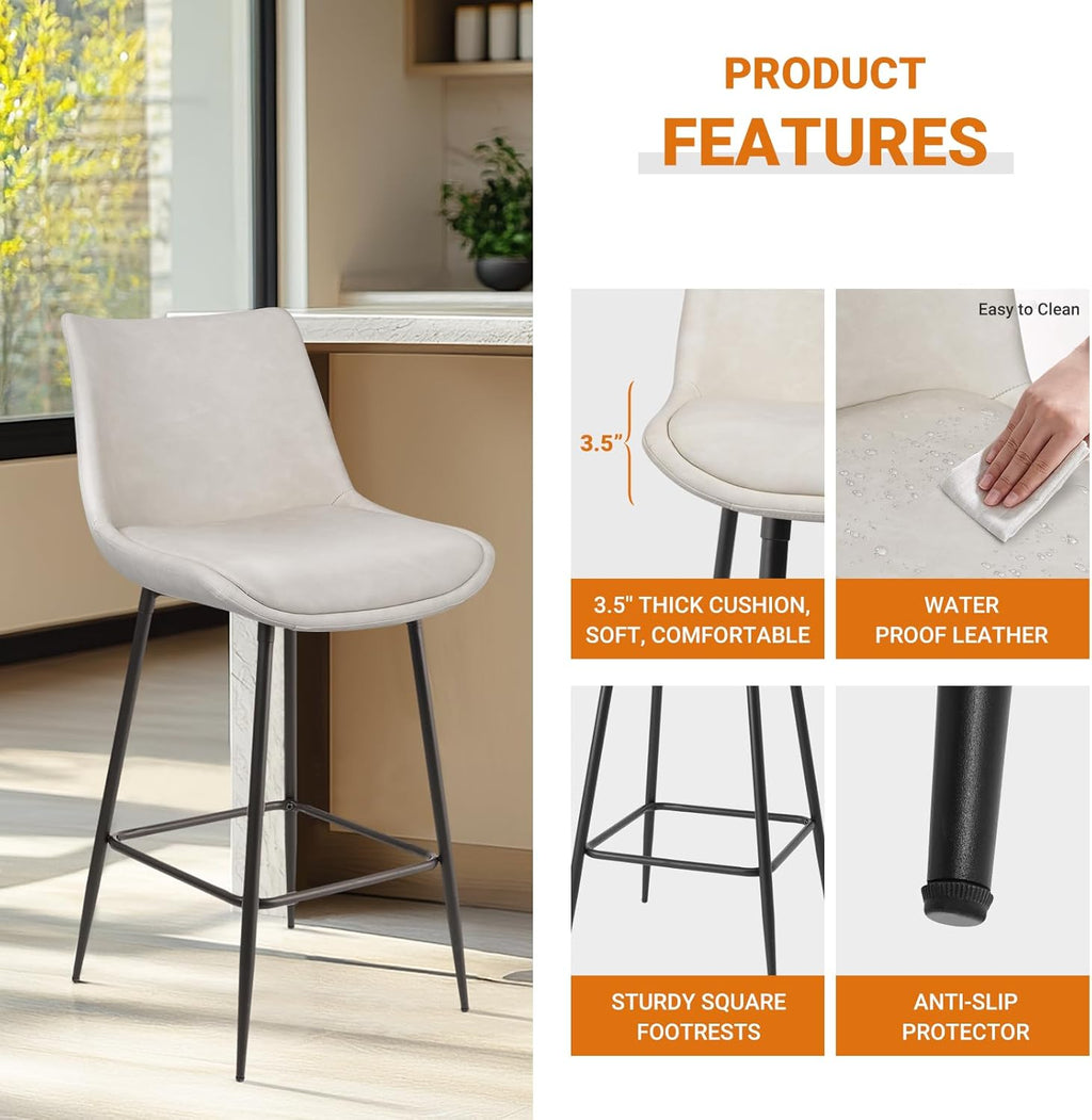 Counter Height Bar Stools Set of 3, FSC Certified Upholstered Faux Leather Barstools with Back, Metal Base, 27" Seat Height, Modern Upholstered Counter Stools for Kitchen Island,(Beige