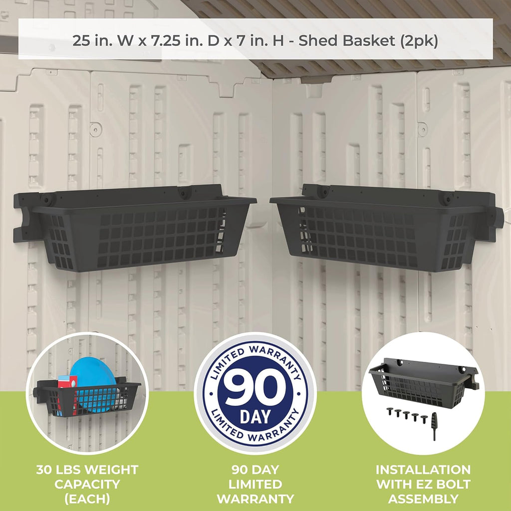 Suncast 4 Pack Accessory Baskets, Resin Organizers for Shed, Black, 25" x 7.25" x 7" - Outdoor Storage, 30 lb Weight Capacity, EZ Bolt Wall-Mount