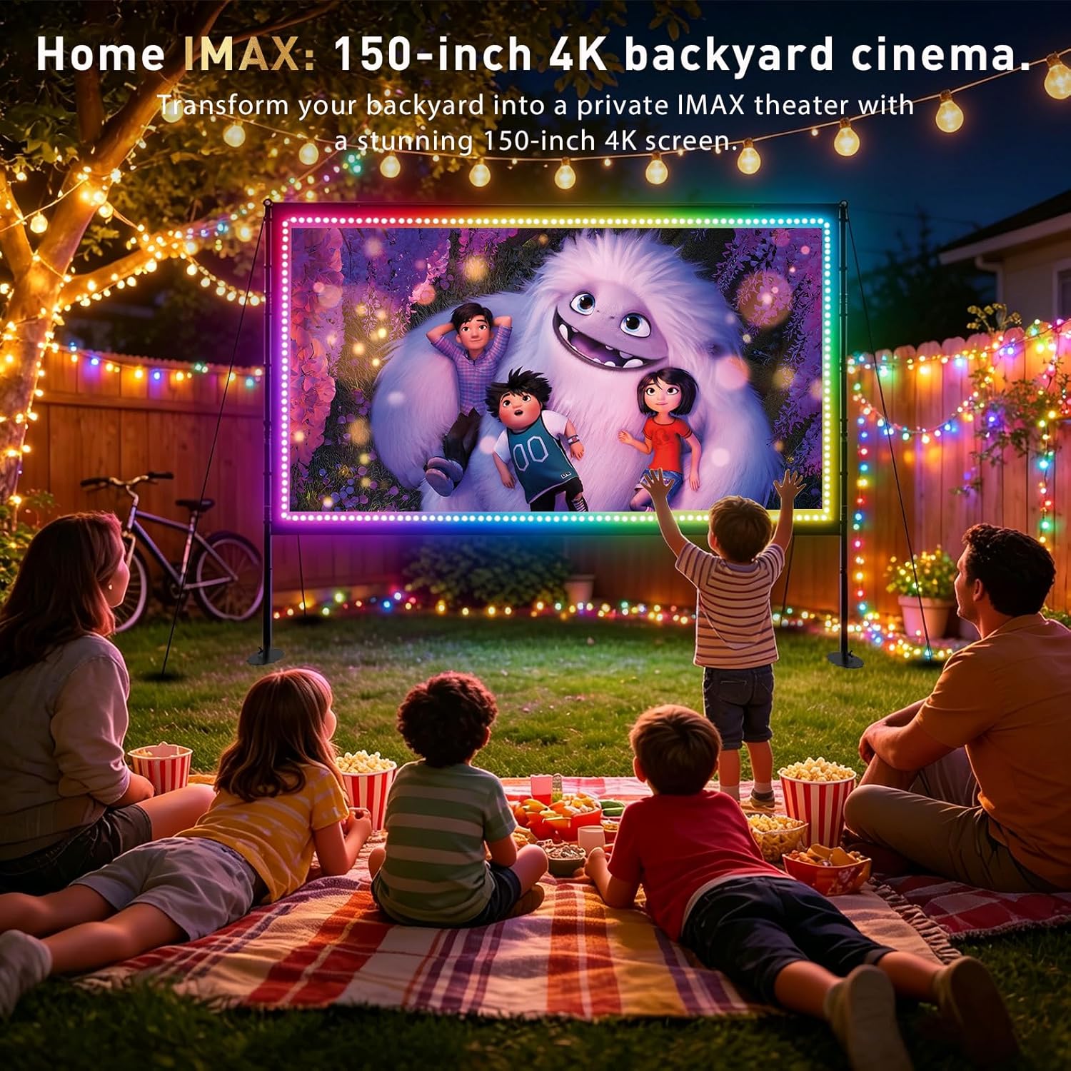 150 inch Projector Screen with Stand, USB String Lights Connection 16:9 4K HD Portable Movie Screen Indoor Outdoor,Wrinkle-Free Foldable Projection Screen for Home Theater Backyard, Office, Travel
