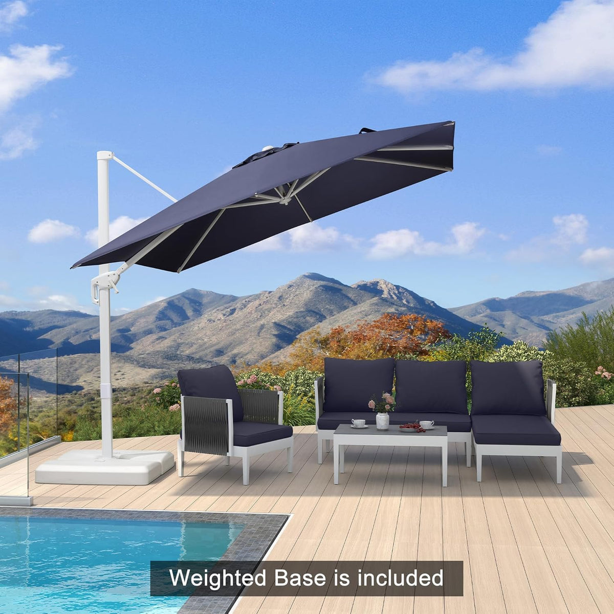 PURPLE LEAF 9 FT White Patio Umbrella With Base Outdoor Cantilever Umbrellas Square Offset Umbrella Windproof with 360° Rotation for Garden Deck Pool, Navy Blue