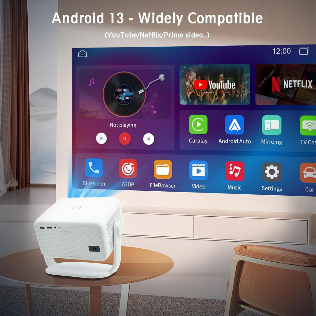 AI Auto Focus Portable Projector Native1080P Support 4K Parse WIFI6 5G Wireless 5.0 Bluetooth Android 13,300ANSI,360° Rotatable, Auto Keystone Correction Video Projecto