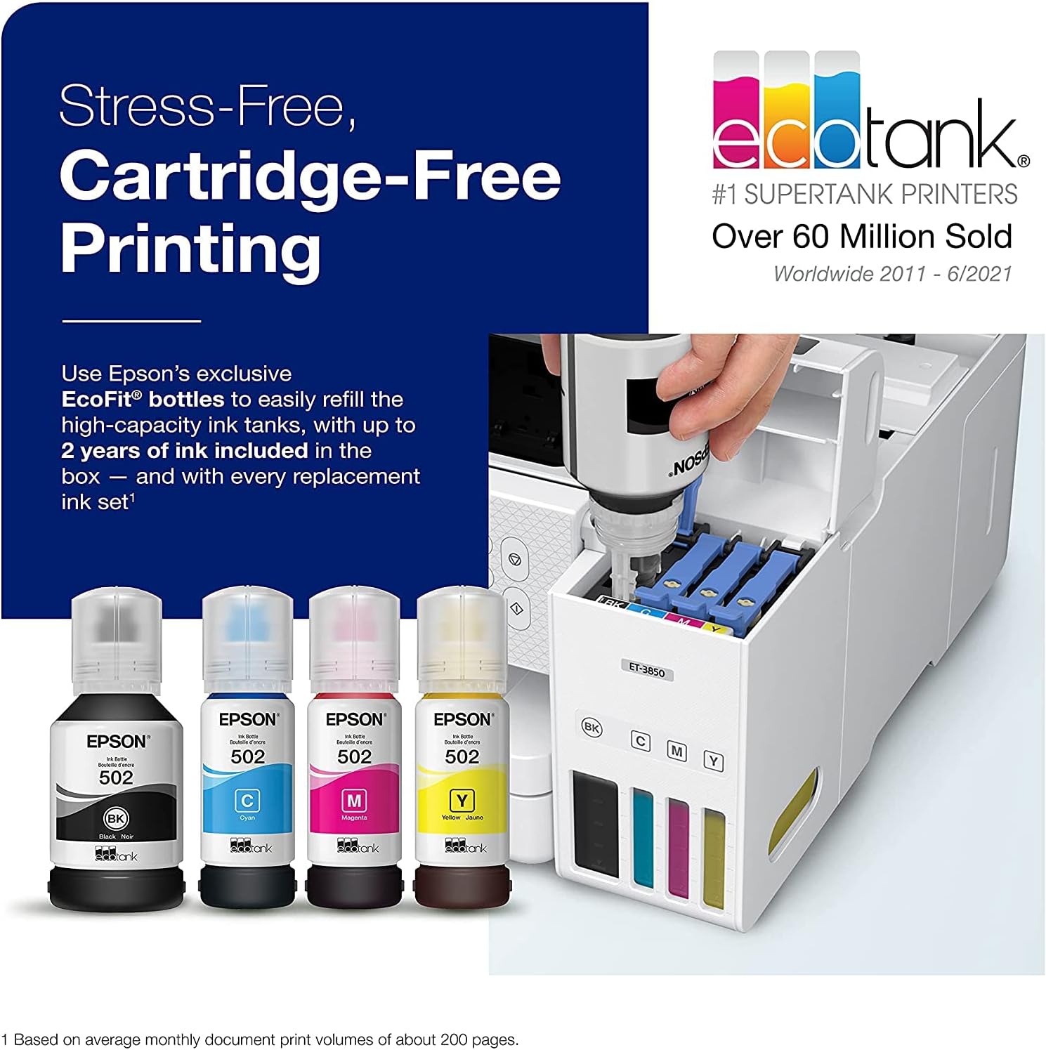 Epson EcoTank Wireless Color All-in-One Cartridge-Free ET-3850 Supertank Inkjet Printer for Home Office, Scanner, Copier, ADF and Ethernet, Mobile Printing, with Bonus Black Ink Bottle & USB Cable