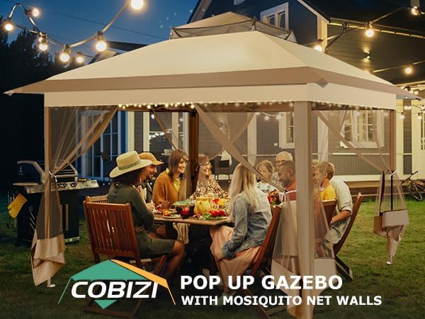 COBIZI Pop Up Gazebo 11x11 One-Push Canopy Tent, Carpas Para Patio, Outdoor Canopy Shelter with Double Roof Ventiation 121 Square Feet of Shade for Lawn, Garden, Backyard and Deck, Khaki(Upgraded 2.0)