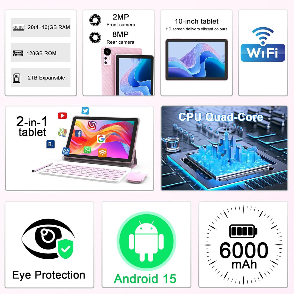 CUPEISI Android 15 Tablet 10 Inch, 20GB RAM+128GB ROM/ 2TB Expandable, 2.0GHz Quad-core Processor, 1280*800 HD Screen, 5G WiFi6 BT 5.0, 2 in 1 Tablets with Keyboard Case Mouse Stylus, Widevine L1 Pink