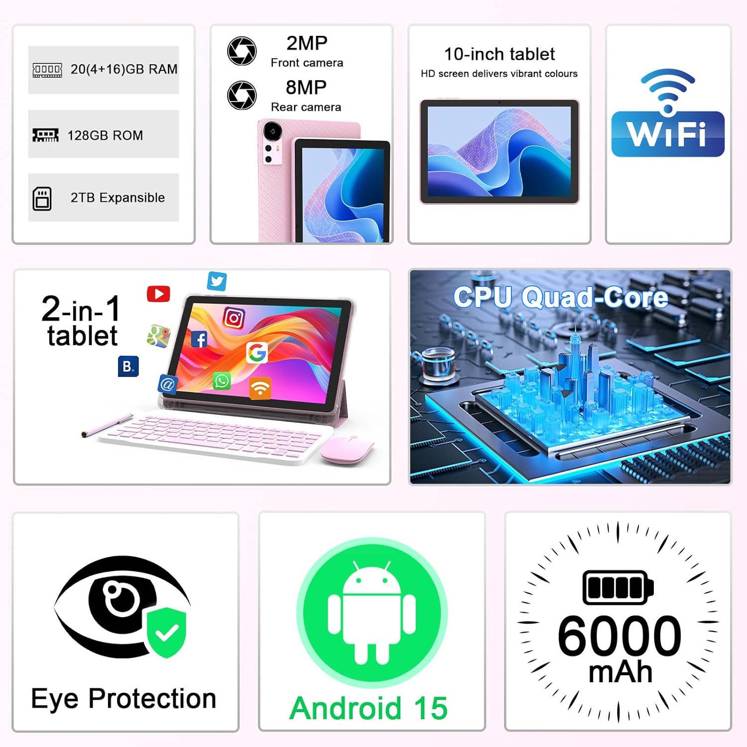 CUPEISI Android 15 Tablet 10 Inch, 20GB RAM+128GB ROM/ 2TB Expandable, 2.0GHz Quad-core Processor, 1280*800 HD Screen, 5G WiFi6 BT 5.0, 2 in 1 Tablets with Keyboard Case Mouse Stylus, Widevine L1 Pink