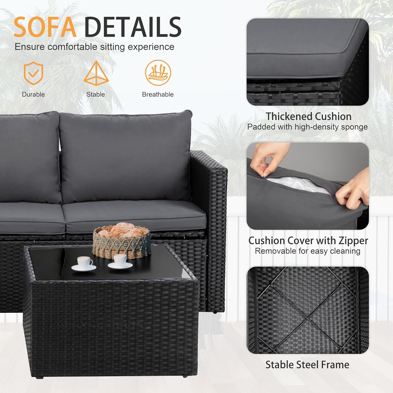 Shintenchi 4 Pieces Patio Furniture Sets, Outdoor Sofa Patio Sectional Sets All Weather, 2-in-1 Wicker Rattan Seating Sofa Couch with Cushions & Coffee Table for Yard, Garden, Porch, Poolside (Gray)