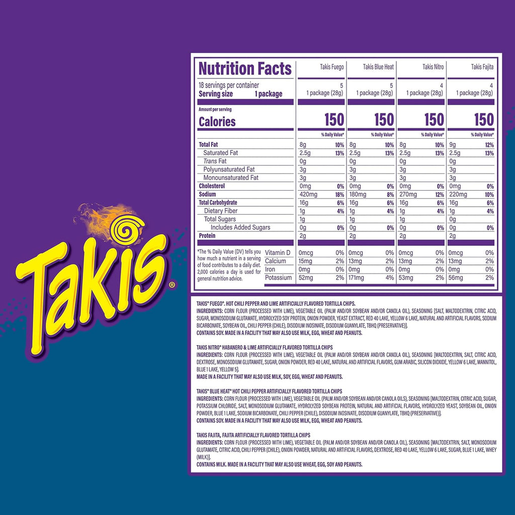 Takis 18 pc / 1 oz Variety Pack, Assorted Flavored Mixed Rolled Tortilla Chips – (5) Fuego, (5) Blue Heat, (4) Nitro, (4) Crunchy Fajitas (Pack of 2)