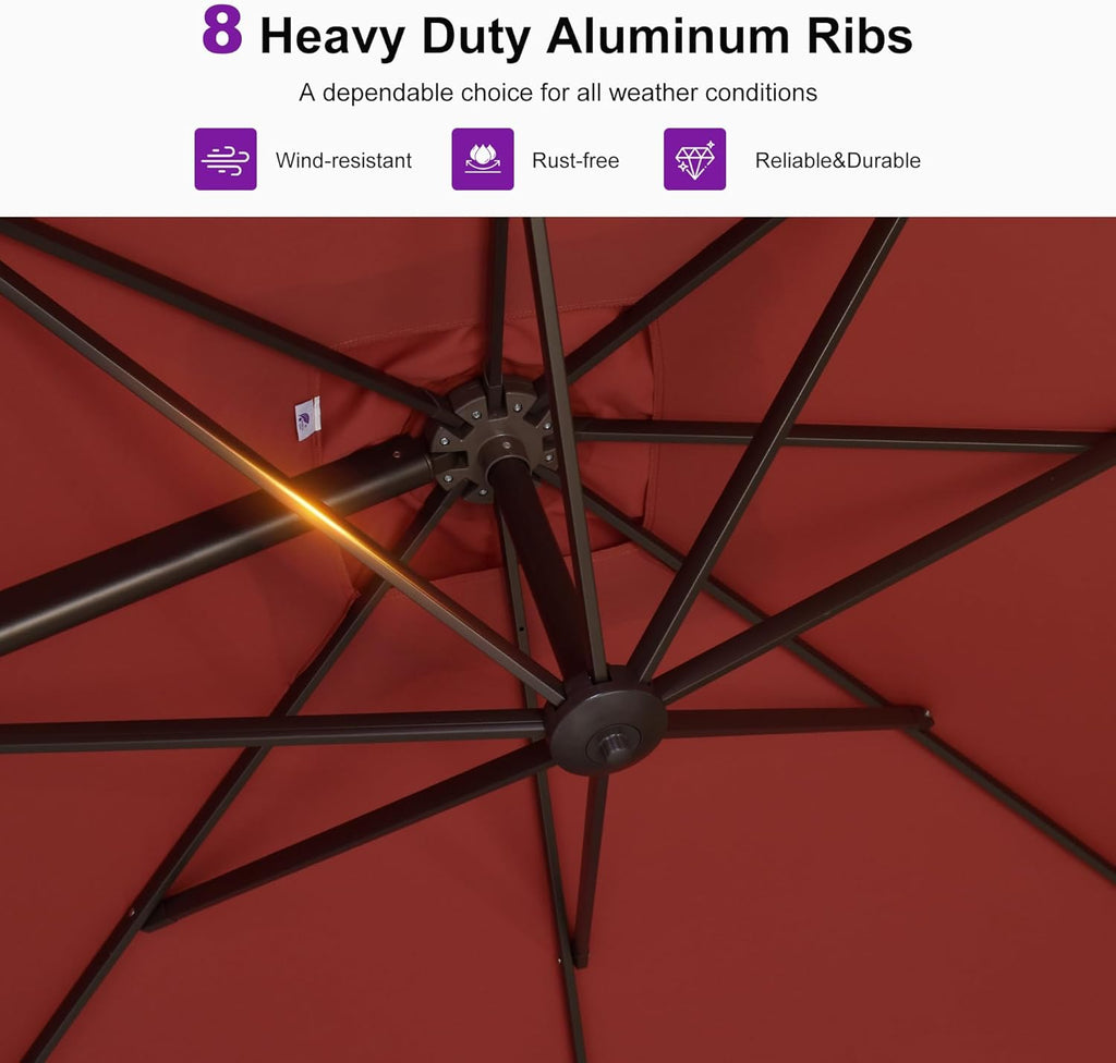 PURPLE LEAF 10' X 10' Patio Cantilever Umbrella with Base Included Antique Bronze Square Outdoor Umbrella with 360° Rotation and Aluminum Offset Hanging for Garden Backyard Pool, Brick Red