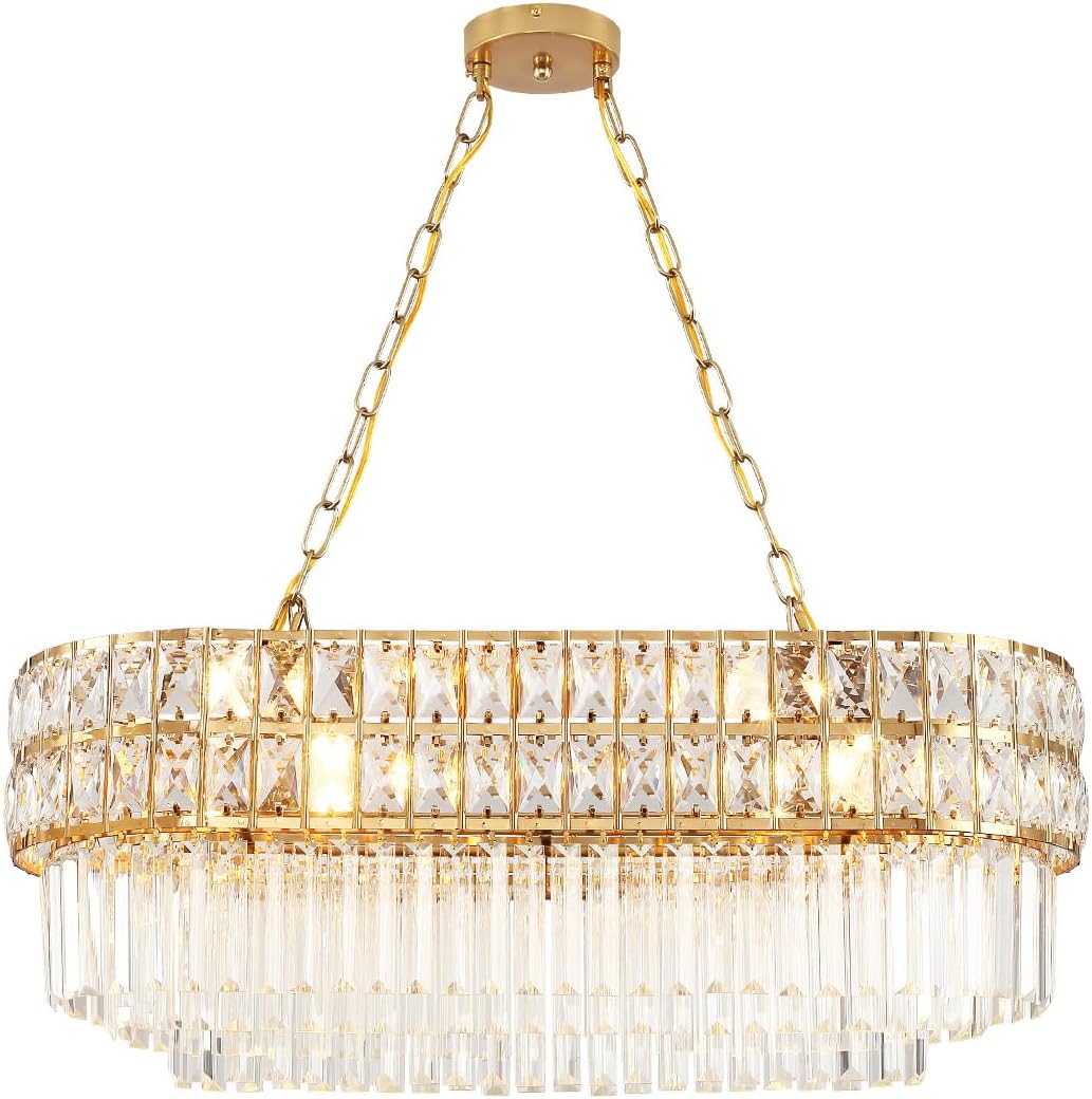 Modern Crystal Chandelier Gold Finish Light Fixture, Oval Crystal Pendant Light Hanging Lamp, for Living Room, Dining Room, Restaurant, E12 x 8, 29.5 x 13 inch